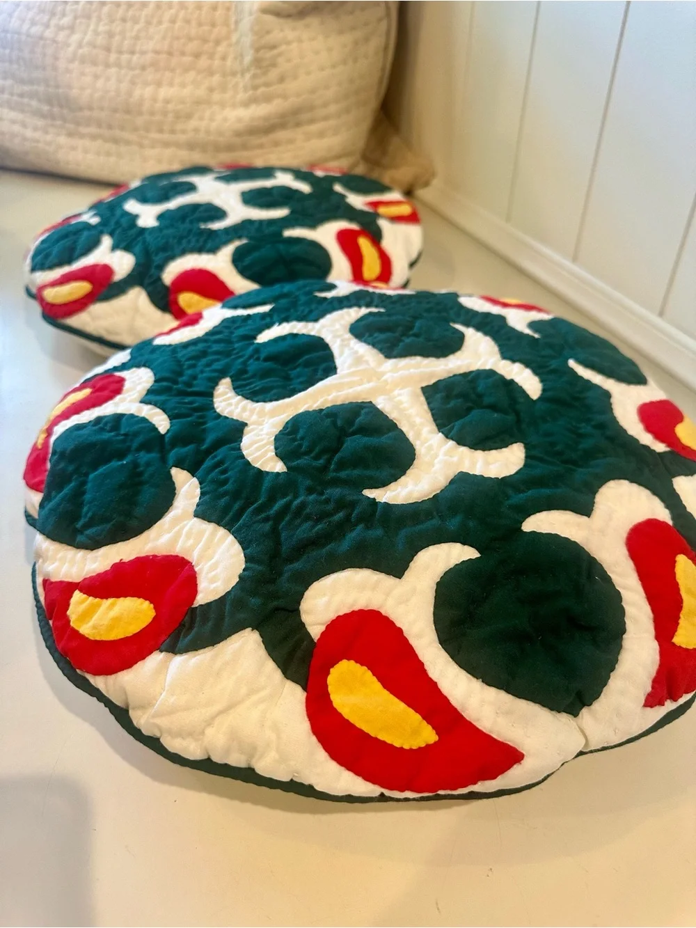 Handmade Quilted Round Quilted Throw Pillow Pair in Dark Green, White & Red